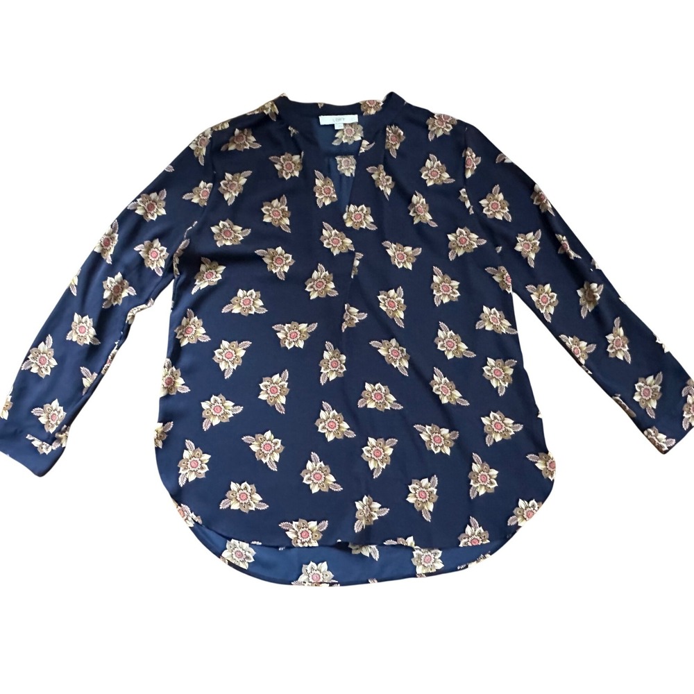 LOFT Navy Blue Floral Print Long Sleeve Hi-Low Hem Blouse Size Large